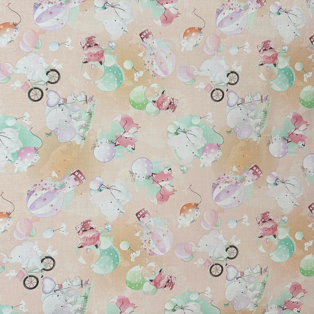 Tessuto Cotonina Baby Animali e Mongolfiere | 100% Cotone | Altezza 140 cm