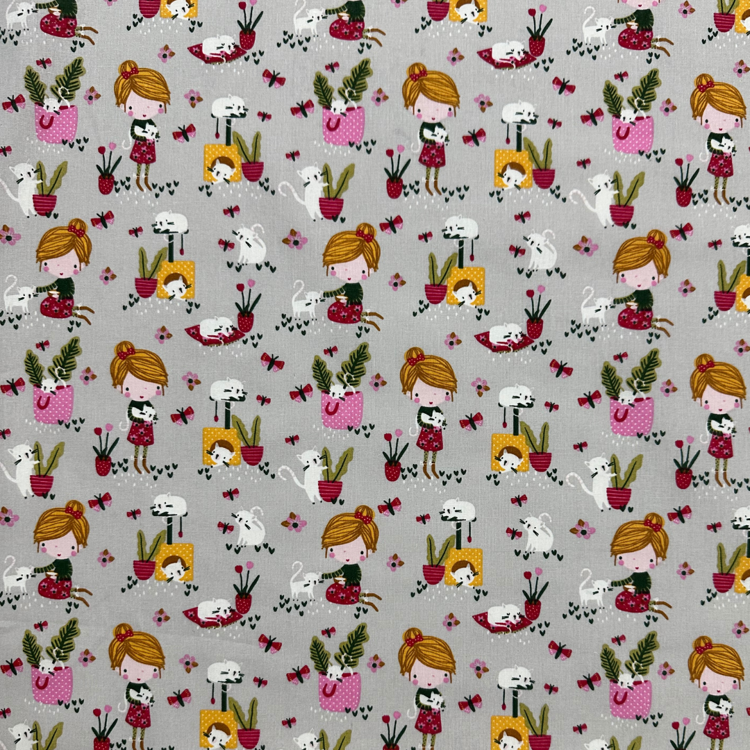 LSC739002 | Tessuto Cotonina Baby Bambina con Gatto | 100% Cotone | Altezza 160 cm