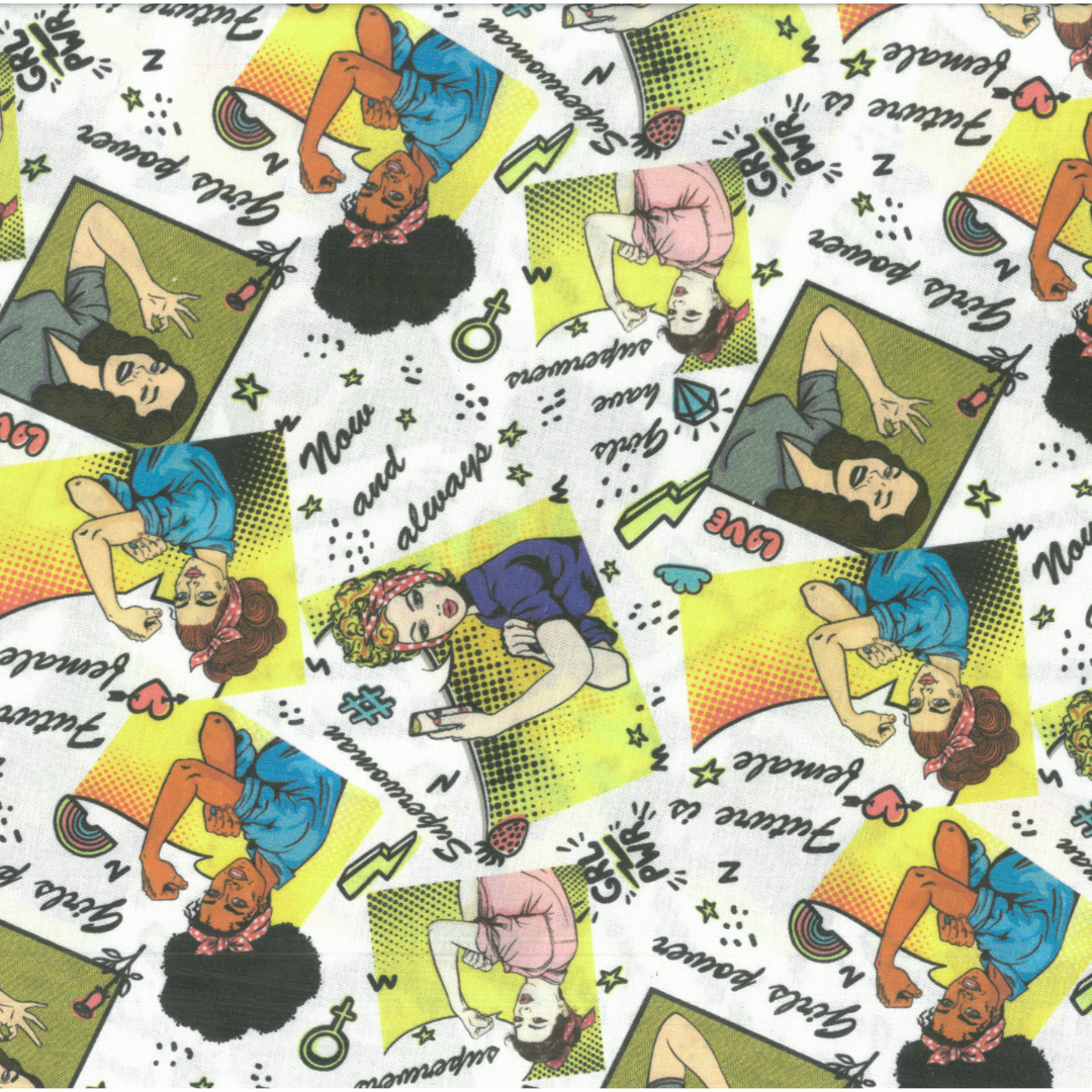 Girl Power | Tessuto Cotonina Fantasia a Metraggio | 100% Cotone | 140 cm Altezza