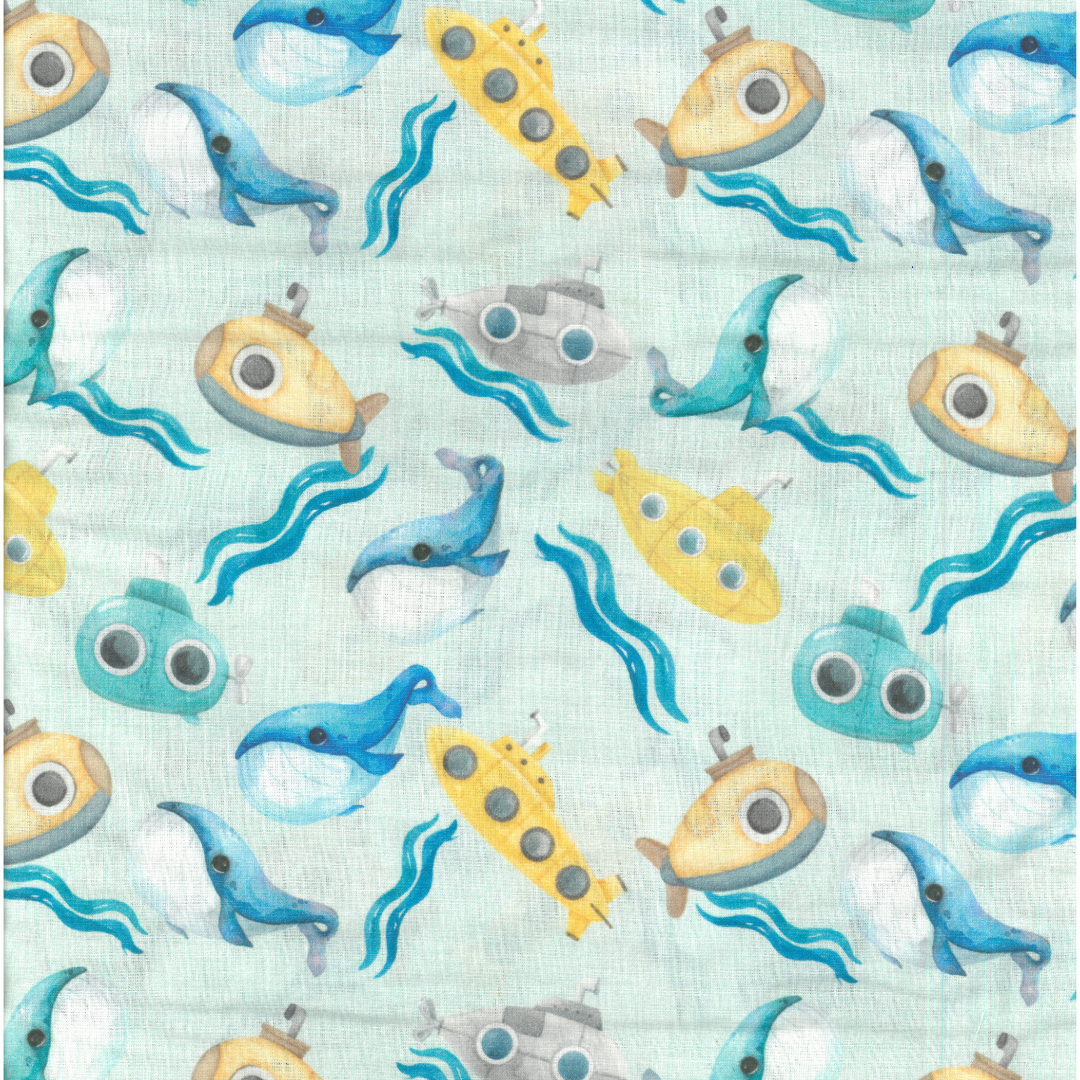 Sommergibili e Balene | Tessuto Cotonina Baby a Metraggio 140cm | 100% Cotone - Ideale per Cucito Creativo