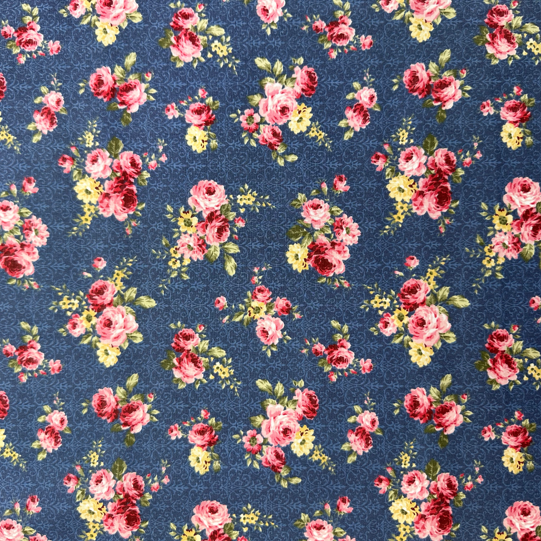 Tessuto Cotonina Rose Sfondo Blu | 100% Cotone | Altezza 140 cm