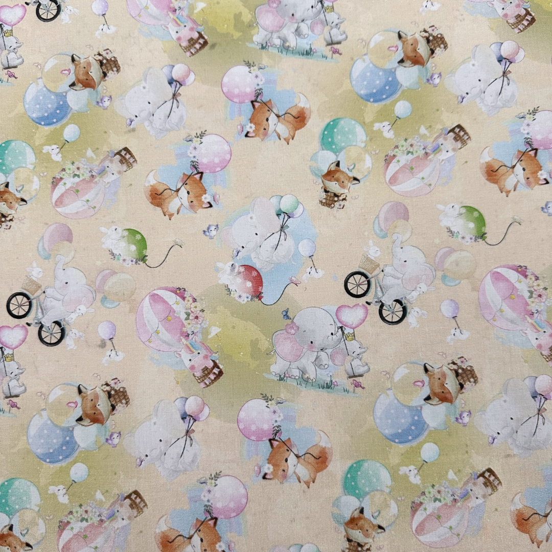 Tessuto Cotonina Baby Animali e Mongolfiere | 100% Cotone | Altezza 140 cm