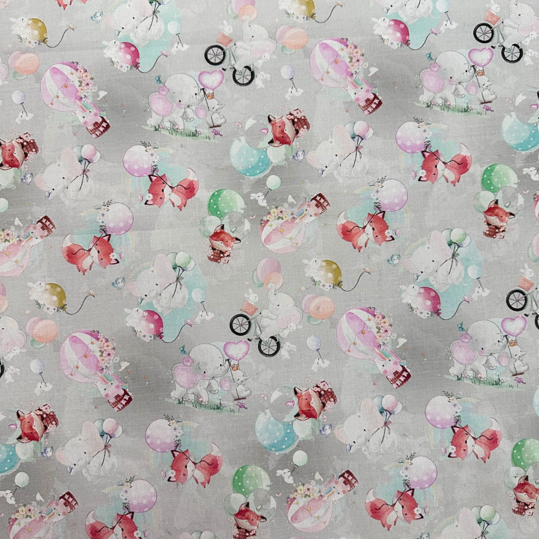 Tessuto Cotonina Baby Animali e Mongolfiere | 100% Cotone | Altezza 140 cm