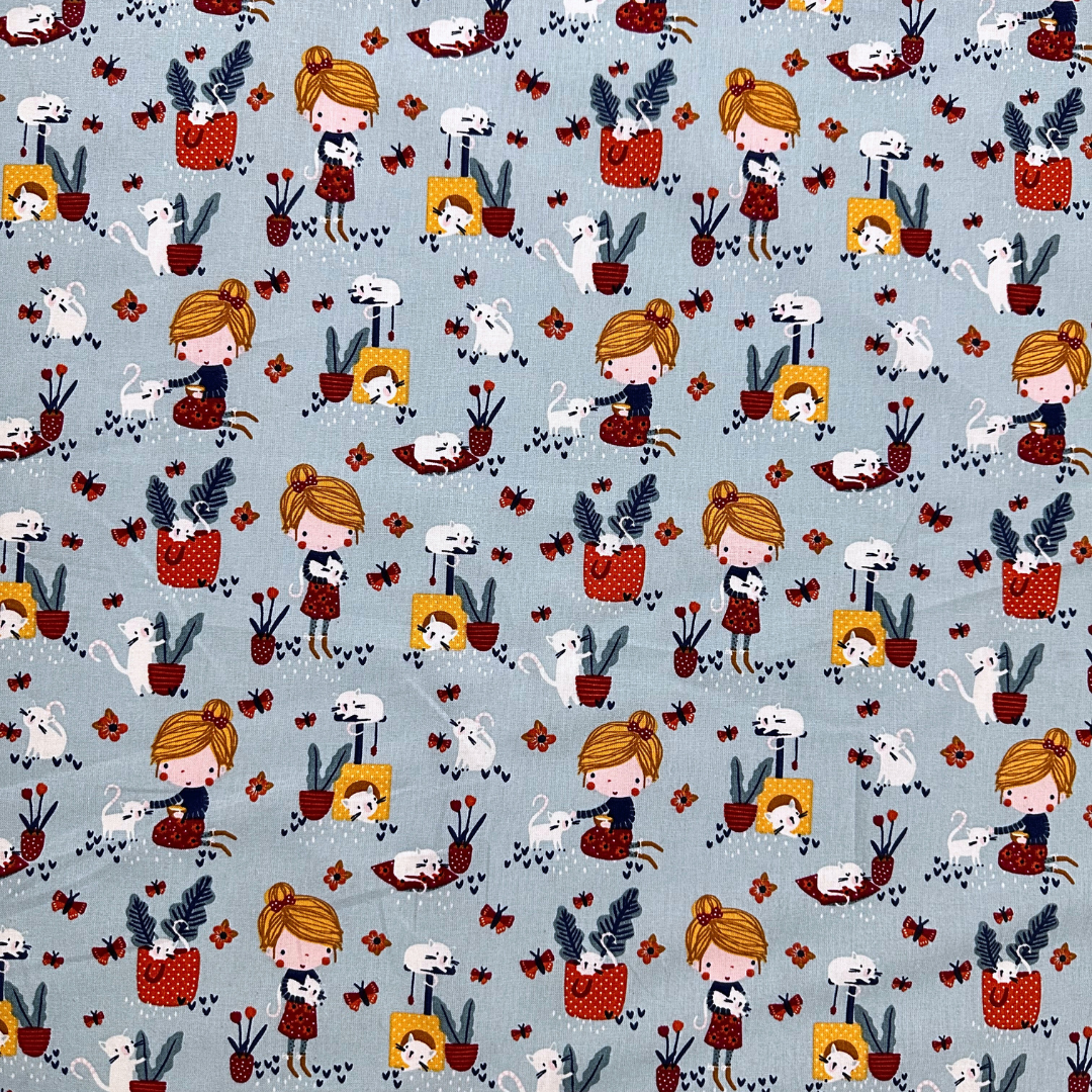 LSC739001 | Tessuto Cotonina Baby Bambina con Gatto | 100% Cotone | Altezza 160 cm