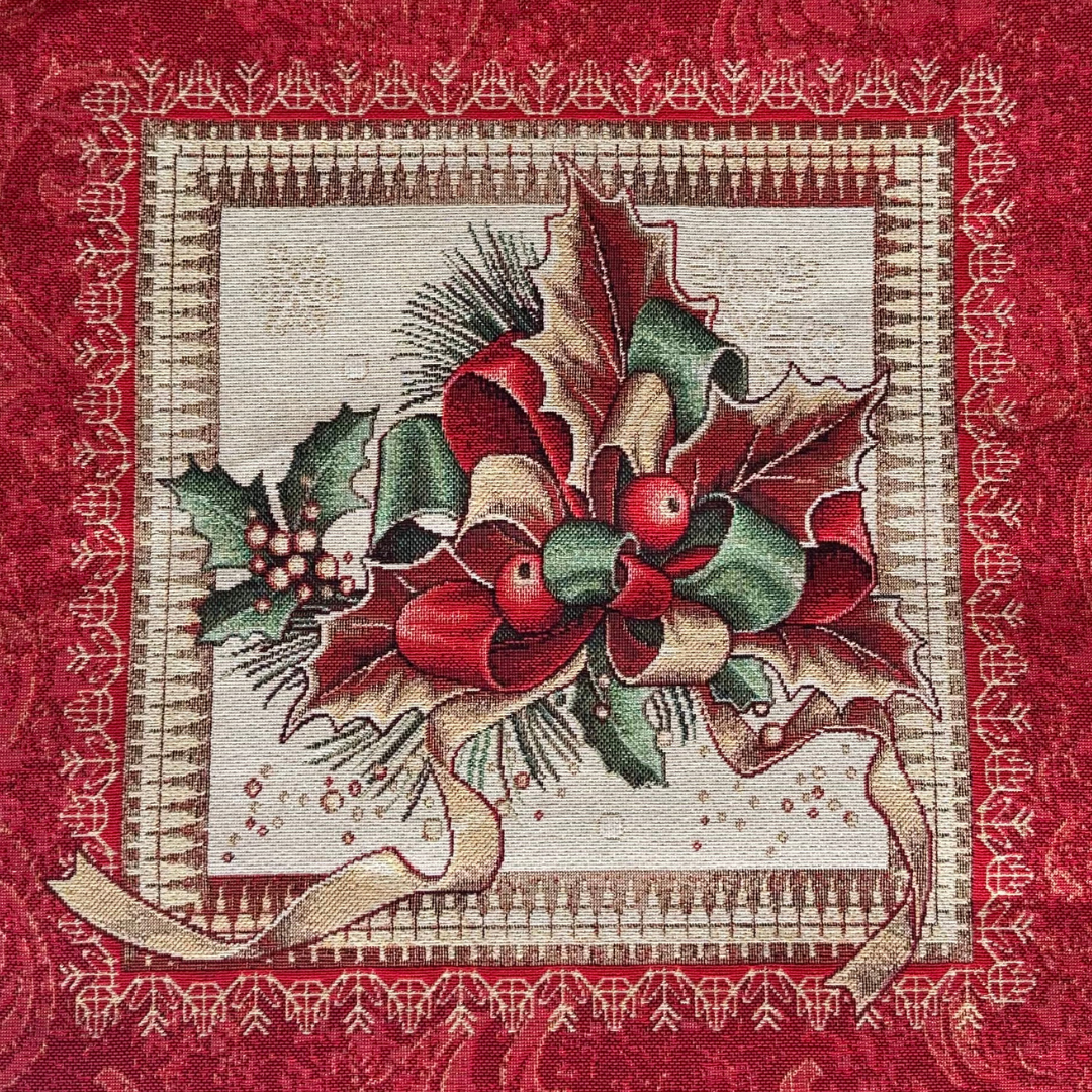 Tessuto Gobelin Natalizio 45x45cm Agrifoglio di Natale per Cuscini e Arredo Casa