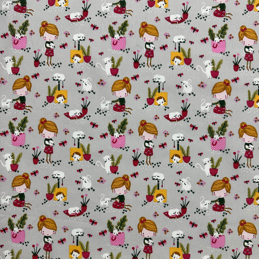 LSC739002 | Tessuto Cotonina Baby Bambina con Gatto | 100% Cotone | Altezza 160 cm