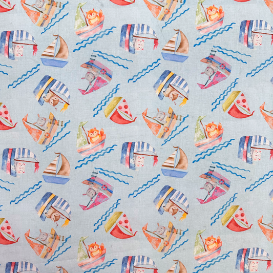 Tessuto Cotonina Baby Animaletti Barca a Vela | 100% Cotone | Altezza 140 cm