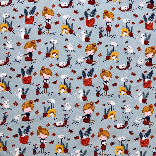 LSC739001 | Tessuto Cotonina Baby Bambina con Gatto | 100% Cotone | Altezza 160 cm