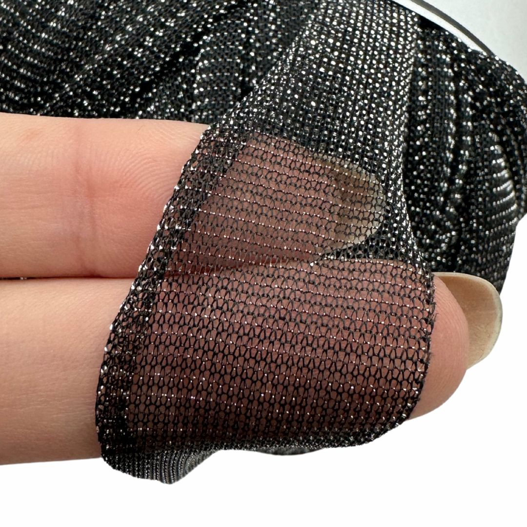 81.A  | Fettuccia in Tulle per Borse all’Uncinetto - 100g   | Nero Glitter Argento