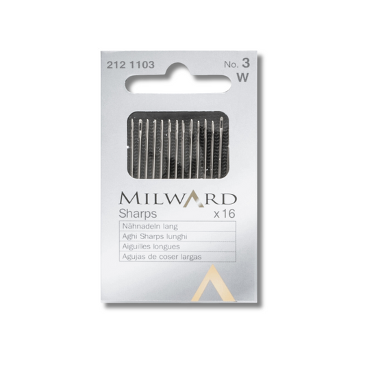 2121103 | Aghi Sharps Lunghi per Cucire a Mano Milward No.3 | 0,86x44 mm | Confezione da 16 pz