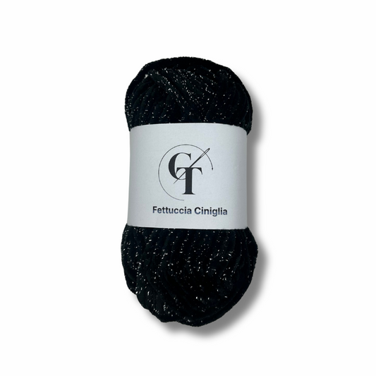 Fettuccia Ciniglia Nera Glitter Argento 100gr per Borse Uncinetto