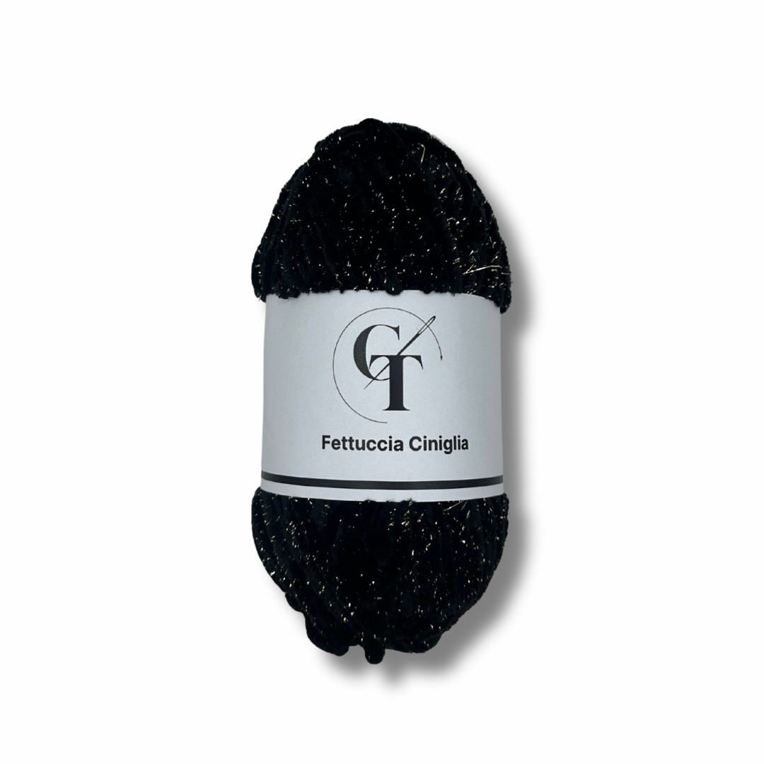 Fettuccia Ciniglia Nera Glitter Oro 100gr per Borse Uncinetto