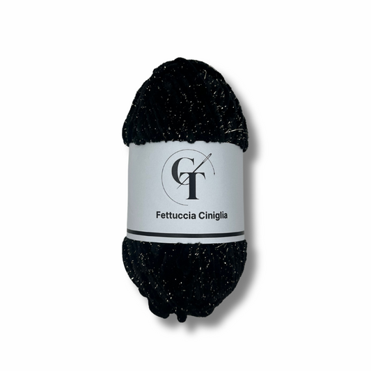 Fettuccia Ciniglia Nera Glitter Oro 100gr per Borse Uncinetto