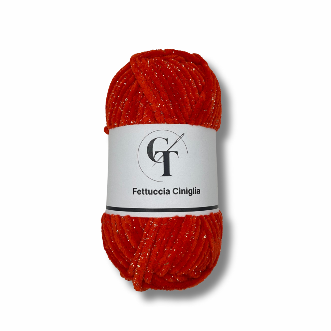 Fettuccia Ciniglia Rosso Glitter Oro 100gr per Borse Uncinetto